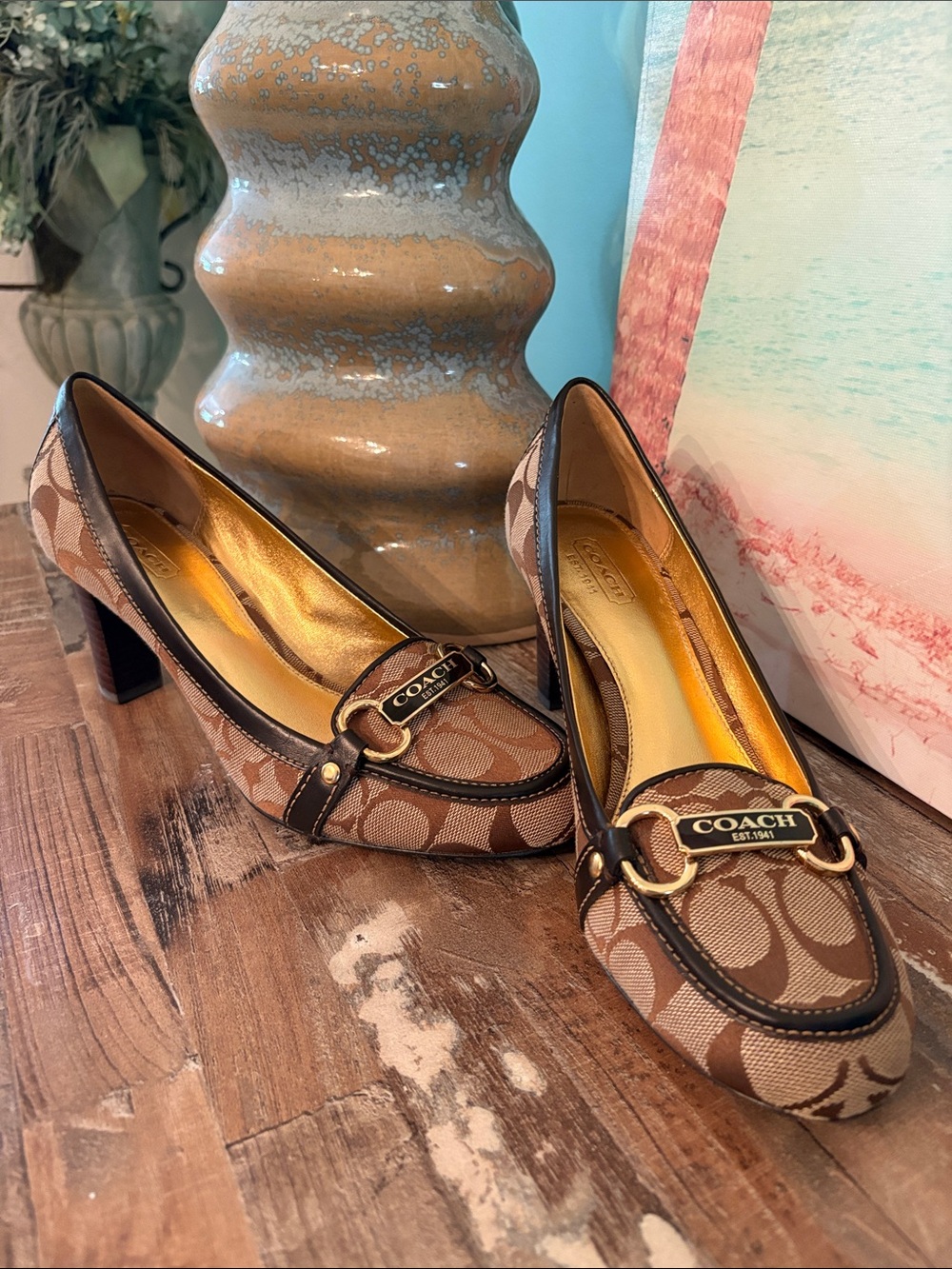 COACH Brown Signature Logo Mid Heel Pumps with Gold Hardware